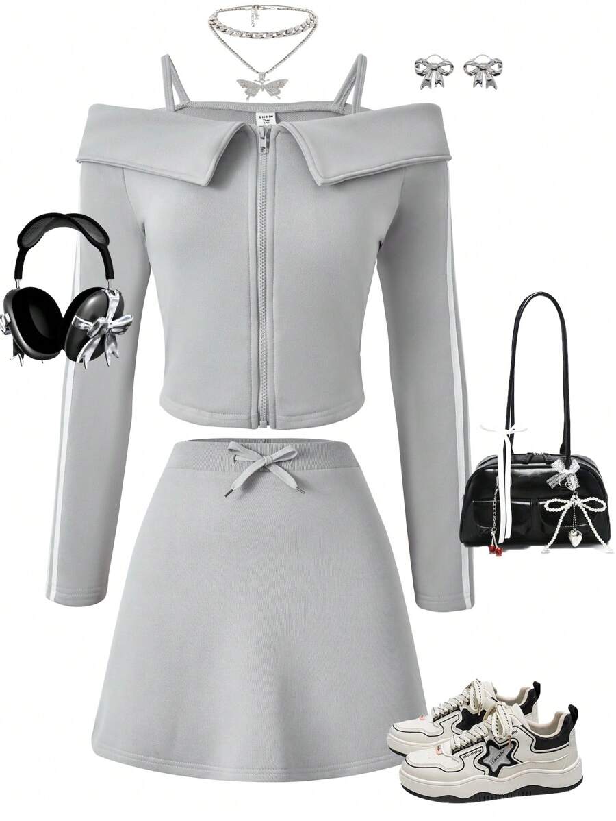 SHEIN 2pcs/Set Teen Girl Casual Off Shoulder Sweatshirt, Grey Color, Autumn/Winter - Grey - View 1