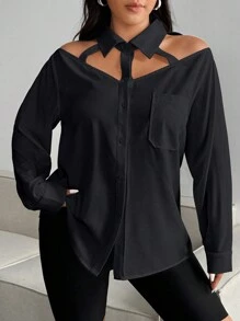 Flirla Plus Size Women Minimalist Style Long Sleeve Blouse, Multifunctional Hollow Fake Collar Top With Button Front And Open Shoulder Design Women Shirt