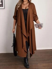 Flirla Plus Size Casual Waterfall Collar Long Coat - Brown - View 1