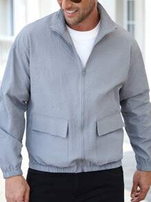 Manfinity Homme Áo khoác dài tay cổ đứng màu trơn có khóa kéo thường ngày - Màu Xám nhạt - Xem 5