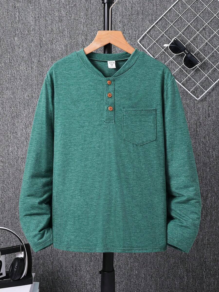 Tween Boy 休闲宽松百搭圆领 T 恤，适合通勤、校服、休闲外出、运动、秋冬季 - 綠色 - 查看 1