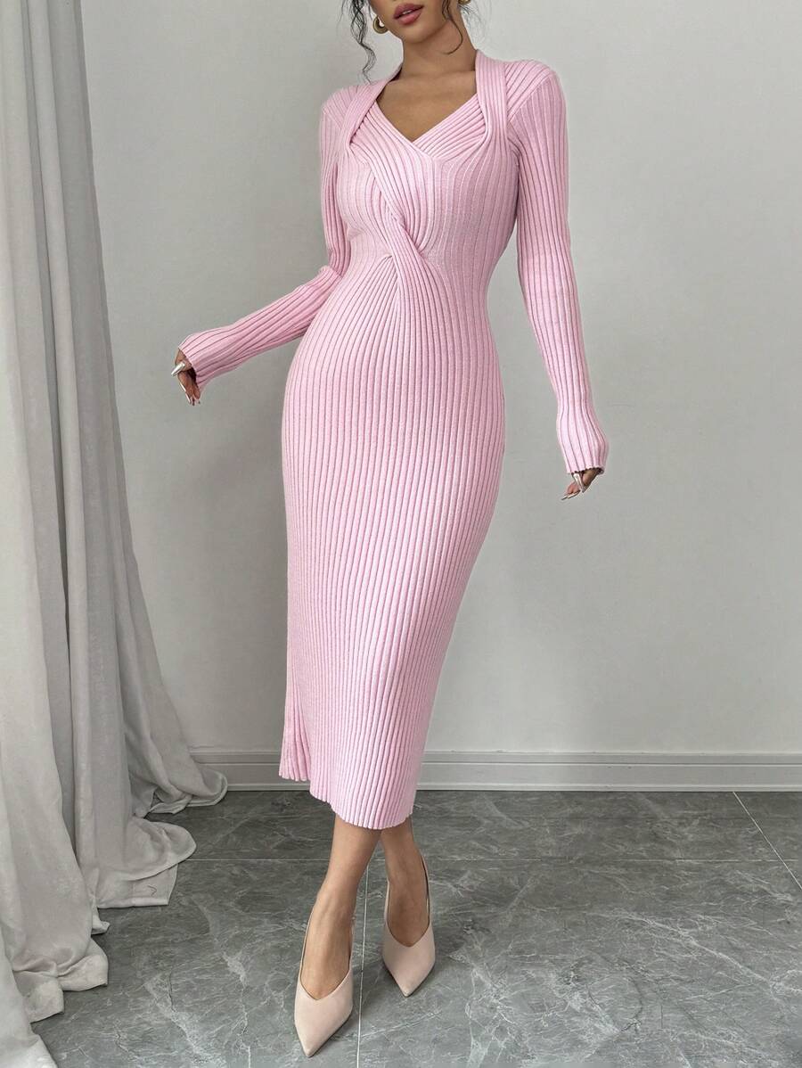 Elenzga Váy len bó dệt kim gân đơn giản cho nữ, thanh lịch để mặc hàng ngày, mùa thu/đông - Hồng - Xem 1