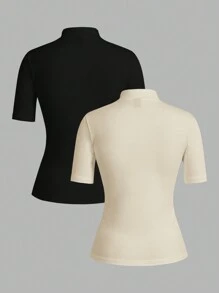 SHEIN EZwear 2pcs/Set Women Beige & Black Crew Neck Form-Fitting Long Sleeve Layering T-Shirt Set, Suitable For Spring Autumn Winter