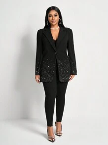 Slaydiva 新款情人节、新年派对、活动、时尚高端水晶装饰长袖纯黑色优雅休闲西装外套，女士款 - 黑色 - 查看 8