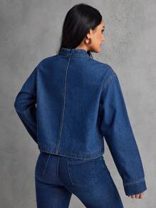 SHEIN EZwear 女式秋季长袖纽扣式胸袋休闲牛仔夹克 - 藍色 - 查看 2