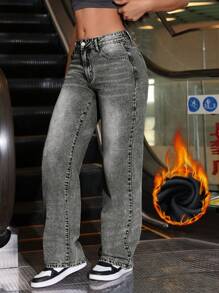SHEIN ICON 1pc Classic Solid Color Thermal Lined Low Rise Relaxed Straight Leg JeansThermal Thickened Denim - Light Grey - View 4