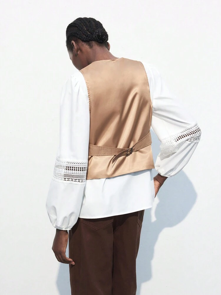 SHEIN Maija Women Solid Color Front Button Fake Pocket Sleeveless Minimalist Casual Jacket