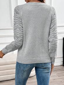 EMERY ROSE Fitted Simple Hollow Sleeve V-Neck Women Pullover Sweater, Long Sleeve Top Knit Pullover Fall Winter - Grey - View 2