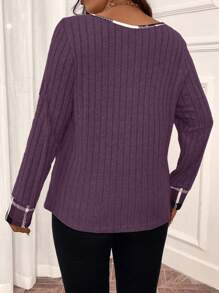 EMERY ROSE Plus Size V-Neck Plaid Printed Long Sleeve Ribbed T-Shirt Tees Women Tops For Spring Fall Cloth For Women - Purple - View 2