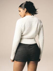 Athîral Cardigan court à col oblique de couleur unie décontracté pour femmes, automne/hiver