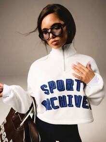 Athîral Áo nỉ giản dị in chữ có khóa kéo dành cho nữ, in chữ cho trò chơi bóng, thể thao bóng đá - trắng - Xem 4