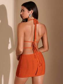 SHEIN BAE 白色露背针织迷你连衣裙、钩针比基尼、性感服装、女士沙滩装、波西米亚风、夏季女士连衣裙 - 橘色 - 查看 2