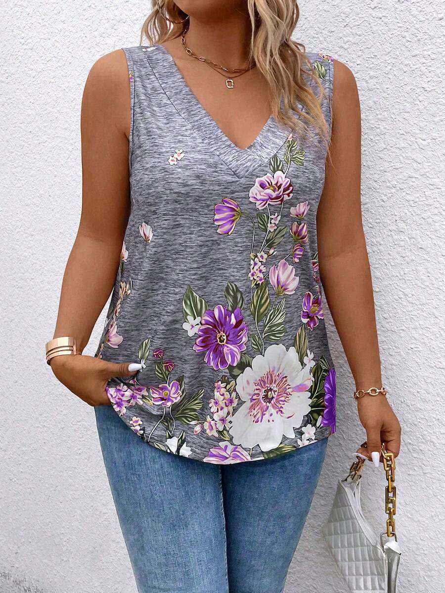 SHEIN LUNE Áo ba lỗ cổ chữ V in hoa cỡ lớn cho nữ - Nhiều màu - Xem 1