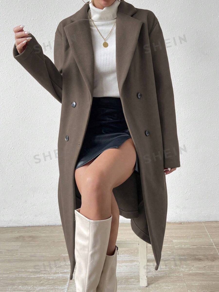 Calvaya Abrigo casual con cuello de solapa, manga larga y doble botonadura, de color liso, para otoño/invierno