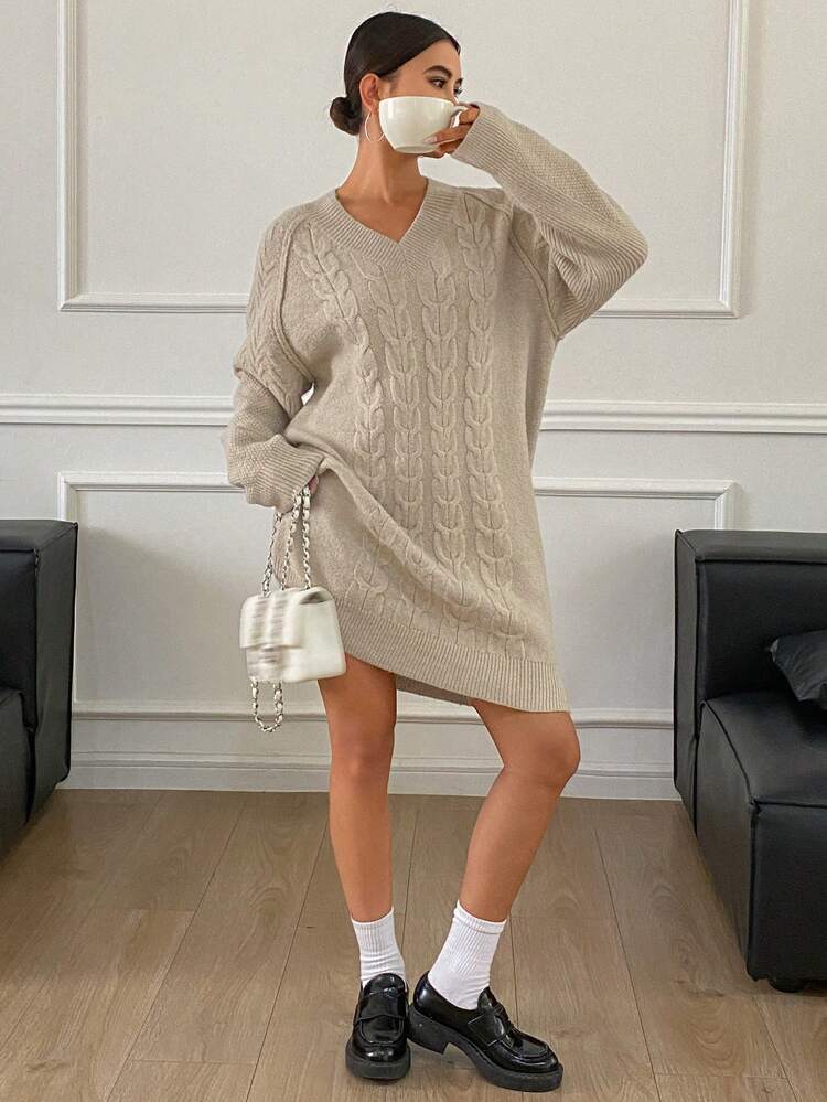 Women's Casual Solid Color V-Neck Raglan Sleeve Long Sweater, Autumn/Winter