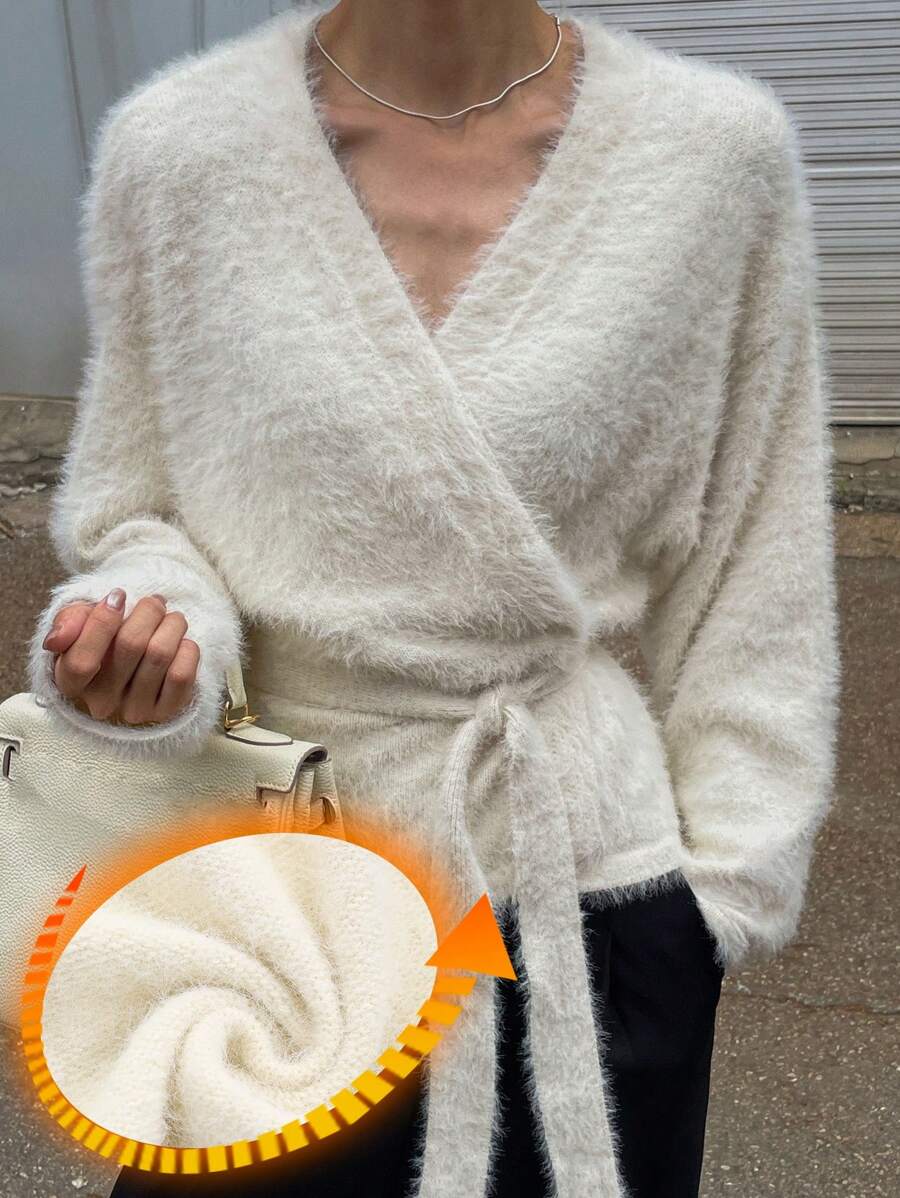 DAZY Women's Solid Color Fuzzy Tie-Front Long Sleeve Cardigan, Autumn And Winter,Thermal Lined - White - View 1