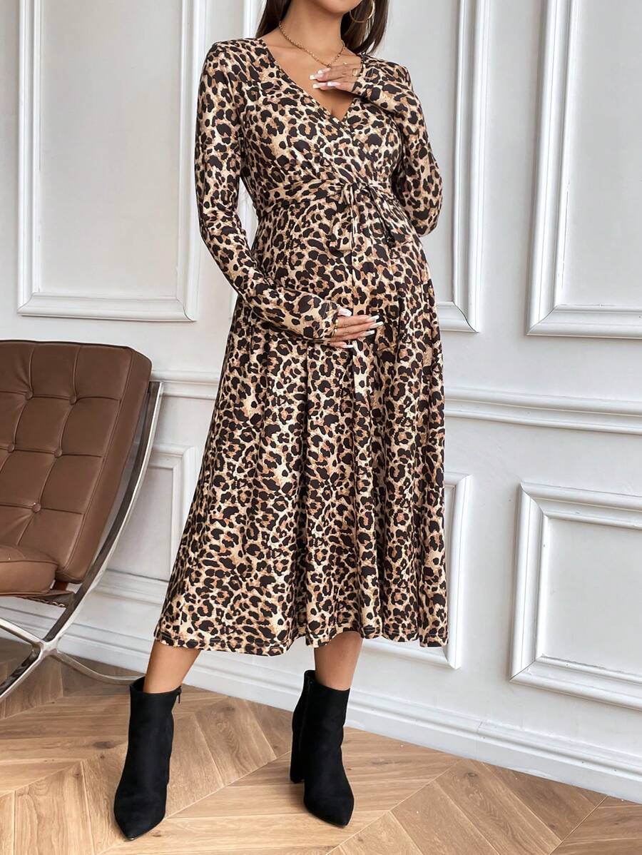 SHEIN 豹纹系带及膝孕妇连衣裙 - 彩色 - 查看 1