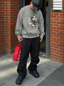 DAZY 1 pieza Sudadera con capucha con forro térmico y estampado de letras para hombre, otoño - Gris - Ver 5