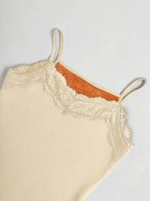 Louniche 女士蕾丝边丝绸混纺保暖吊带背心，秋冬季保暖 - 杏色 - 查看 8