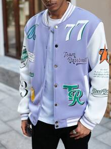 Manfinity EMRG 1pc Men's Solid Color Splicing Letter Print Front Button Casual Baseball Jacket - Multicolor - View 7