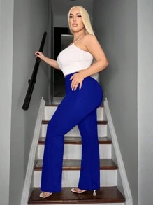 SHEIN SXY 大码纯色优雅直筒裤，适合夏季通勤 - 寶藍色 - 查看 4