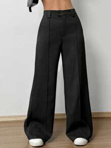 SHEIN Unity 灰色高腰直筒宽松休闲西装裤，时尚百搭，通勤必备 - 黑色 - 查看 5