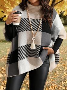 EMERY ROSE Plus Size Colorblock Plaid High Neck Batwing Sleeve Sweater, Fall/Winter Knit Pullover - Multicolor - View 4