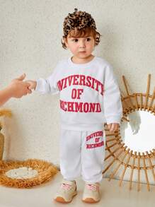 SHEIN Bộ 2 món áo nỉ dài tay in khẩu hiệu đơn giản phù hợp cho trẻ sơ sinh và trẻ mới biết đi, thích hợp mặc ngoài trời và trong nhà - Màu Khaki - Xem 3