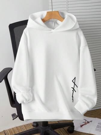 SHEIN TeenBoys 1pc Casual Simple Comfortable Versatile Warm Super Cost-Effective Simple Handwritten Text Print Knitted Hooded Sweatshirt Back To School Clothes; Fall Outfits; Teen Boy Clothes; Fall Jackets; Fall Outfits Autumn/Winter