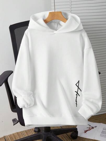 SHEIN TeenBoys 1pc Casual Simple Comfortable Versatile Warm Super Cost-Effective Simple Handwritten Text Print Knitted Hooded Sweatshirt Back To School Clothes; Fall Outfits; Teen Boy Clothes; Fall Jackets; Fall Outfits Autumn/Winter