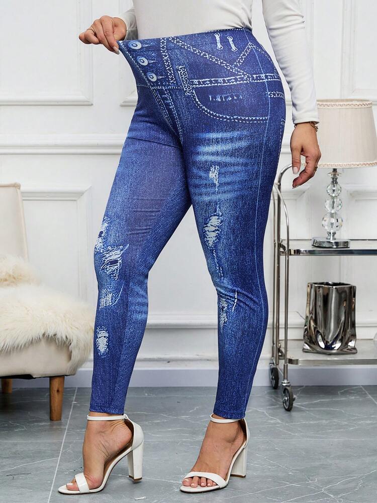 SHEIN Clasi 大码印花修身打底裤，休闲日常穿着 - 藏蓝色 - 查看 1