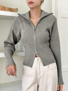 DAZY Cárdigan de mujer de negocios casual con cremallera y solapa de unicolor, ropa de otoño