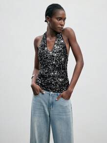 SHEIN Maija 优雅都市时尚女士黑色闪亮亮片装饰上衣，适合返校、节日派对和度假，秋冬新品