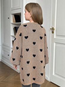 SHEIN Serisse Kids Tween Girls Frenchy Heart Pattern Drop Shoulder Cardigan, Back To School, Daily Wear For Fall/Winter