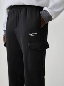 Manfinity VCAY Men's Knitted Fashion Casual Loose Solid Color Multi-Pockets Elastic Waist Long Pants - Black - View 5