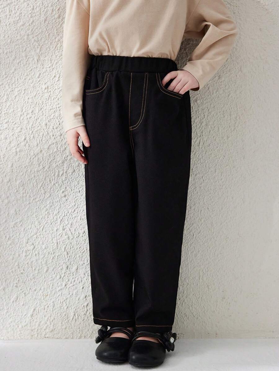 Blossori Young Girl Pockets Elastic Waist Straight Leg Loose Casual Pants - Black - View 1
