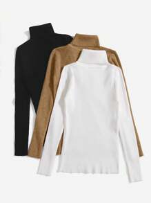 SHEIN EZwear 女士纯色高领休闲毛衣套头衫，秋冬 - 彩色 - 查看 2