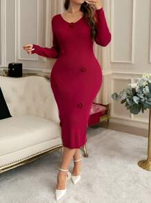 SHEIN Privé Plus Size Women Thermal Red Floral Print Bodycon Midi Dress, Elegant & Romantic For Party, Tea Time, Christmas Occasion, For Winter - Red - View 5