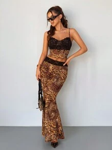 SHEIN SXY Bộ đồ ren họa tiết da báo hai mảnh dành cho nữ - Nhiều màu - Xem 4