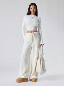 LYSMO Solid Color Front Tie Pocket Warm Coral Fleece Lounge Pants - White - View 3