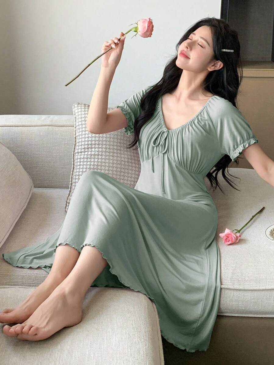 DAZY Drawstring Scoop Neck Ruffle Hem Waist Cinching Nightgown - Green - View 1