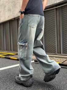 Manfinity EMRG Men's Washed Dark Blue Loose Wide Leg Cargo Jeans