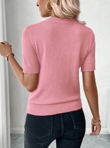 EMERY ROSE 女士纯色圆领短袖休闲针织上衣 - 粉色 - 查看 2