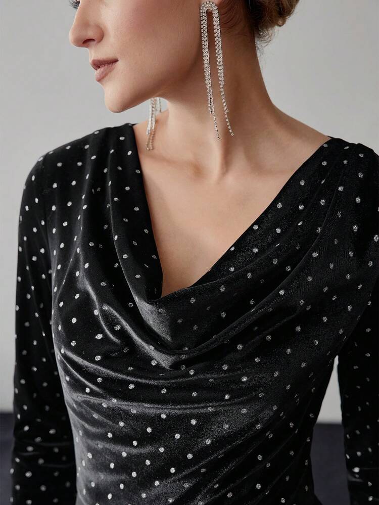 DOT PRINT VELVET BODICE COWL NECK MIDI DRESS