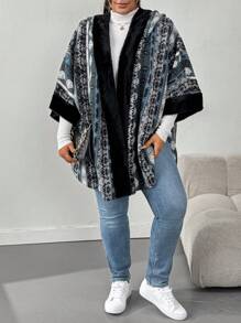 SHEIN CURVE+ Plus Geo Print Hooded Batwing Sleeve Coat - Black - View 5