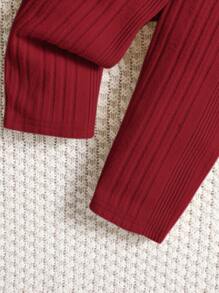 SHEIN 2 件套女婴纯色休闲针织弹力连帽上衣和裤子套装，秋冬 - 酒紅色 - 查看 5