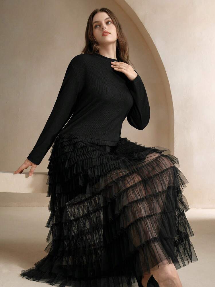 Plus Size Women Black Knit Splicing Mesh Skirt Dress, Slimming Effect Maxi Women Outfit