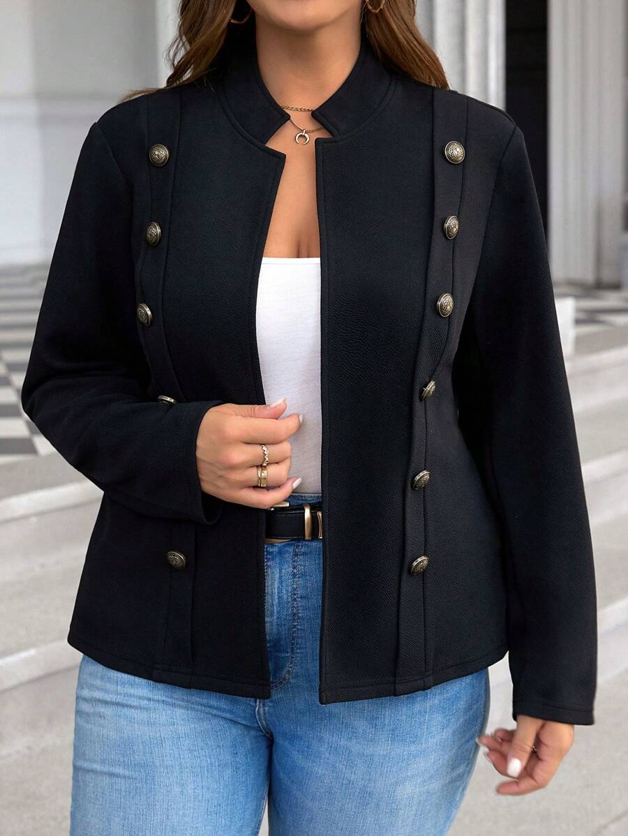 SHEIN LUNE Áo khoác cổ đứng hai hàng khuy trơn màu cỡ lớn cho mùa thu Quần áo mùa thu cỡ lớn - màu đen - Xem 1