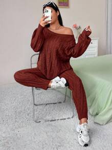 Flirla Elegante y chic conjunto de suéter tejido de unicolor talla grande, otoño/invierno