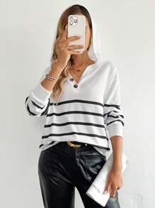 SHEIN LUNE Women's Autumn Striped Dropped Shoulder Long Sleeve Loose Casual Hoodie
